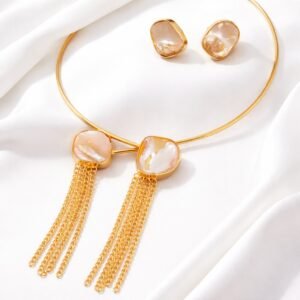 18kt Gold-Plated Pearl Duo Dangler Necklace and Earring Set