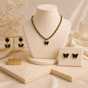 Noir Butterfly Pendant Chain with Dual Earring Set