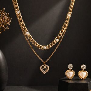 Athena Heart Drop Half Beaded Double Chain Necklace and Earring Set