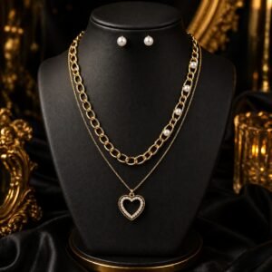 Athena Halo Heart Half Beaded Duo Chain and Earring Set